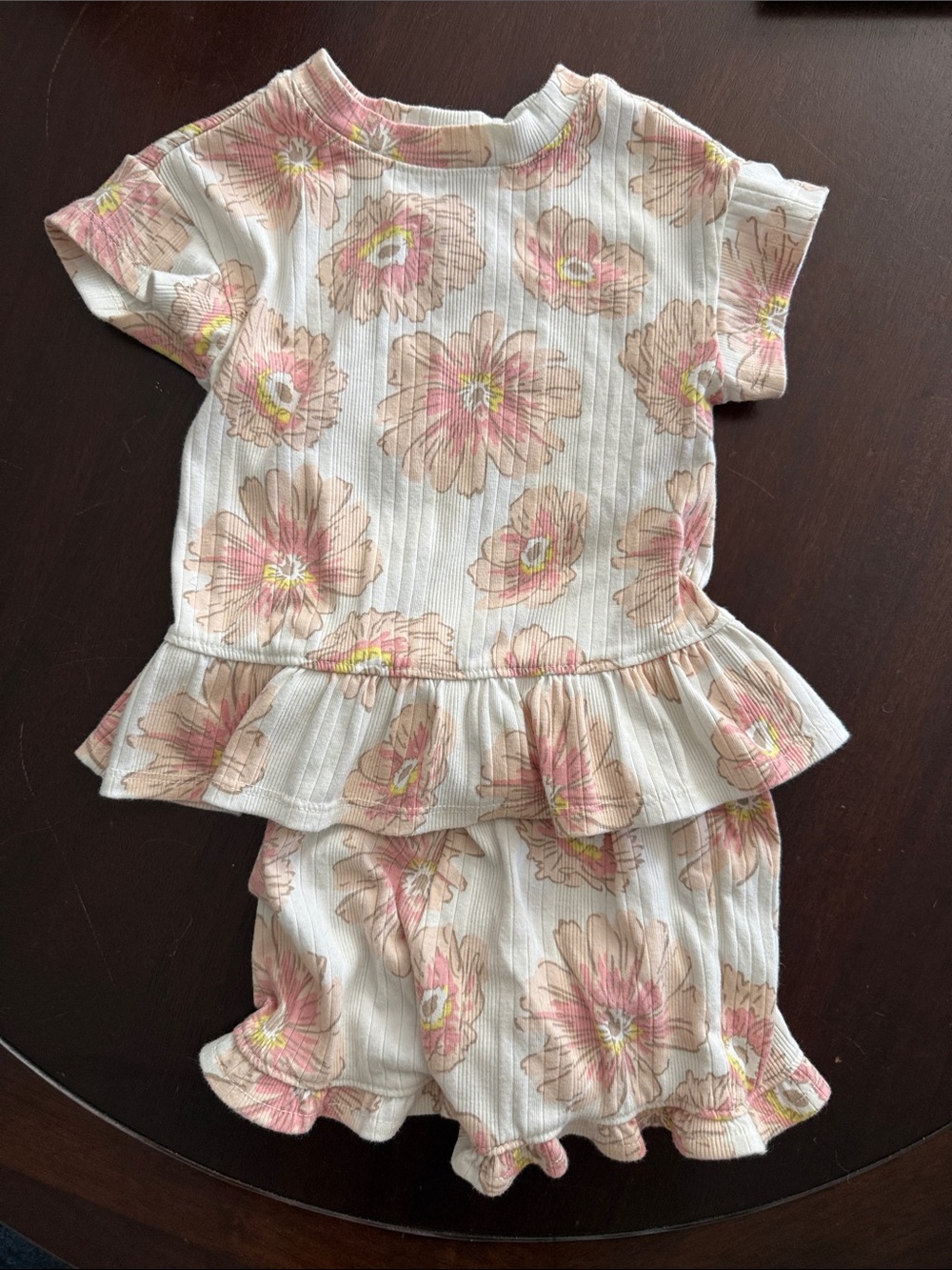 cloud island Pink Floral Ribbed Peplum Top & Shorts Set